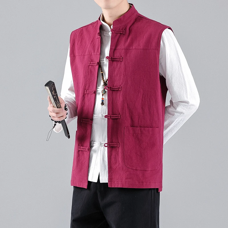 2023Summer Autumn Men Chinese Style Vests Vintage Linen Vests Mens Sleeveless Hanfu Cardigan Male Harajuku Open Stitch Waistcoat