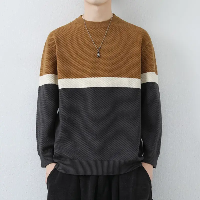 

Casual Spliced Knitted Pullovers Men's Clothing Contrasting Colors Autumn Winter Long Sleeve Vintage Basic Round Neck Sweaters