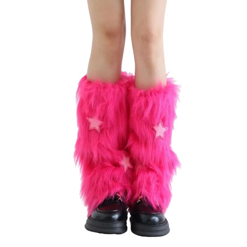 Jambières confortables en fourrure pour chaleur hivernale, couvre-bottes pelucheux avec appliques Punk Star