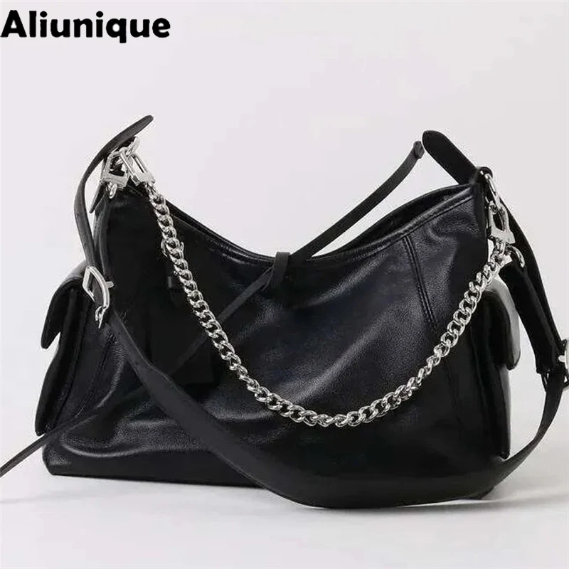 

Trendy Style Soft Cowhide Warrior Motorcycle Messenger Bag One Shoulder Chain Handbag Genuine Leather Commuter Tote Bag