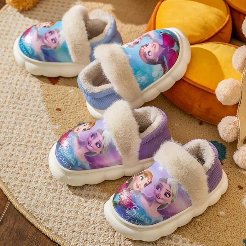 Disney Autumn/Winter Princess Elsa Anna Cartoon Print Plush Cotton Slippers Kid's Home Non-slip Warm Casual Indoor Cotton Shoes