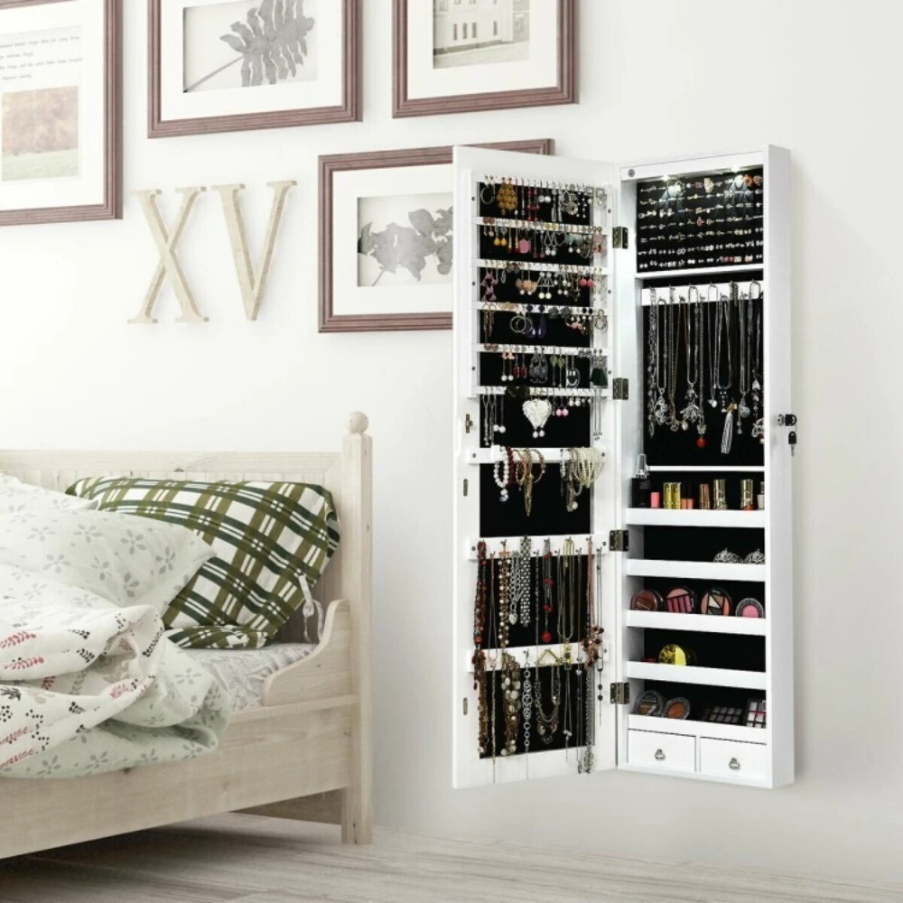 Jewelry Cabinet Lockable Armoire Storage Wall Mounted Full Length Mirror w/Light