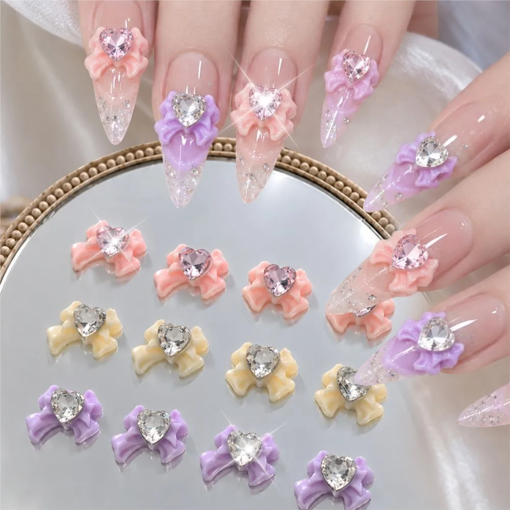 6grids/24pcs Cute Resin Bow Ribbon Nail Art Decorations Clear Heart Gems Bowknot Nail Rhinestones Flatback Nail Art Charms Y2K #