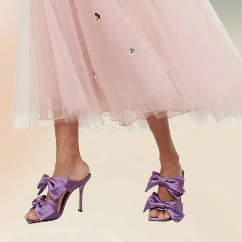 

Purple Silk Bow Knot Design Open Toe Slippers Slip On Women Shoes Thin High Heels Fashion Party Banquet 2025 Zapatos Para Mujere
