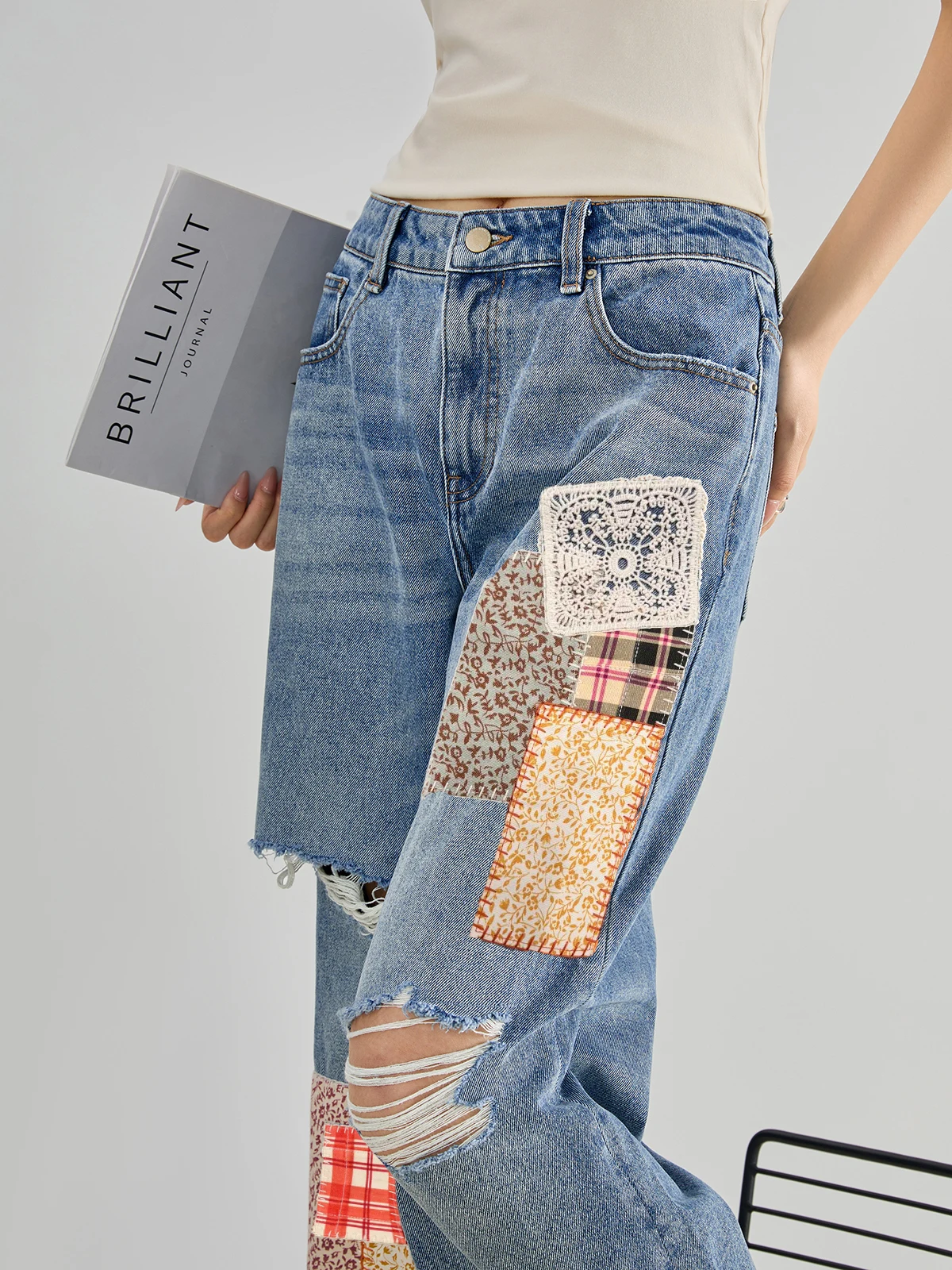 

Summer Blue Patchwork Print Loose Women's Jeans Casual High Waist Zipper Fly Lightweight Denim Pants Comfortable Lazy Style