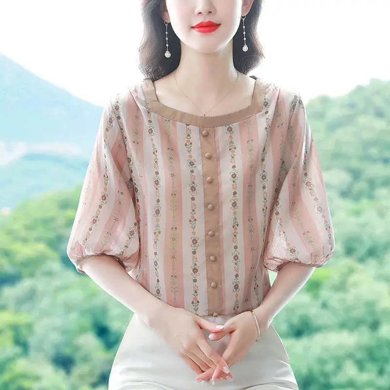 Spring Summer Women's Floral Button Lantern Half Sleeve Square Collar T-shirt Printed Chiffon Fashion Casual Prairie Chic Tops