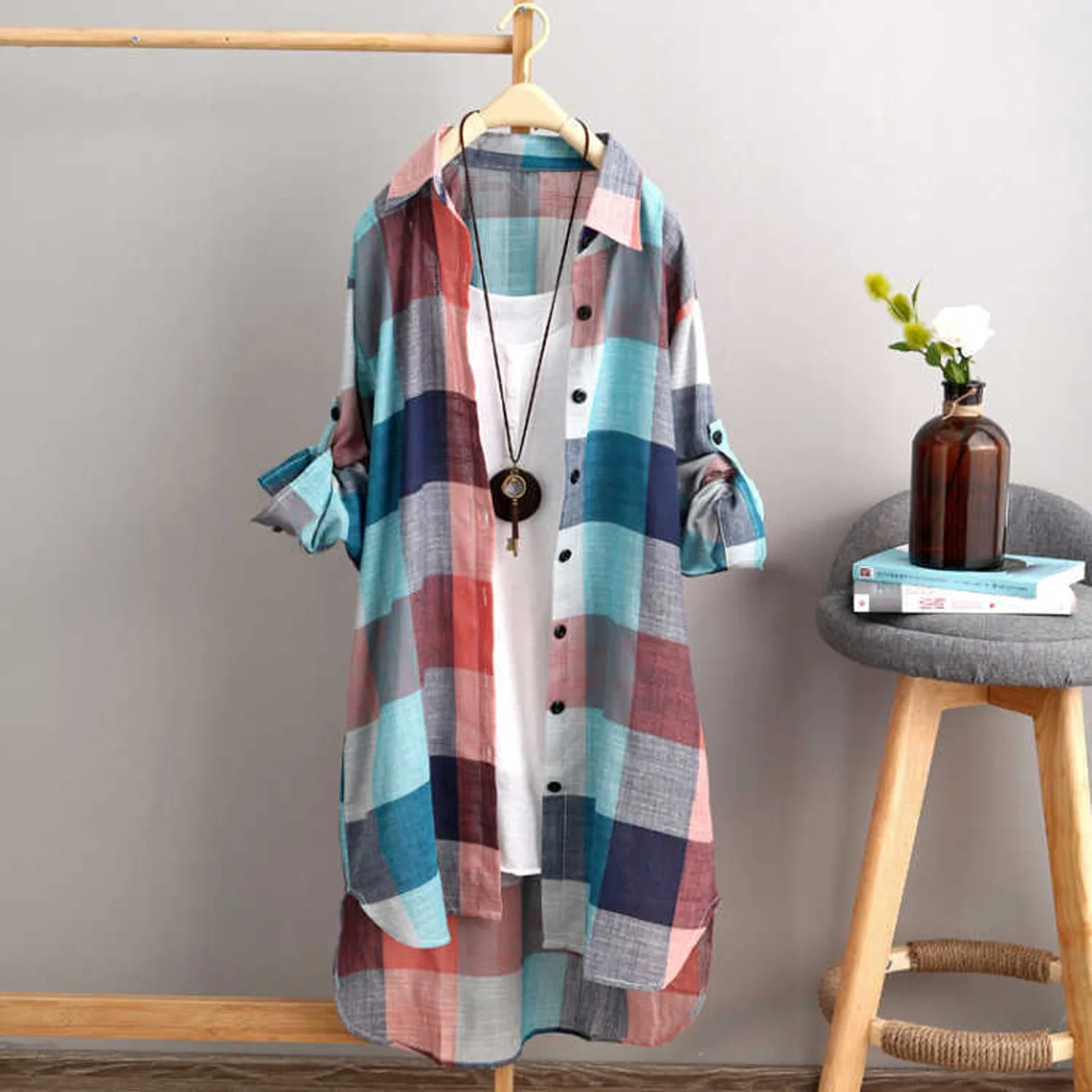 Women Plaid Print Long Shirt Vintage Buttons Turn-Down Collar Blouses Shirt Long Sleeve Casual Loose Shirts Workwear Blusas