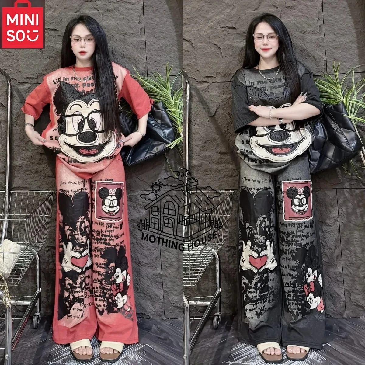 

MINISO женские летние новые стильные свободные широкие брюки с короткими рукавами и широкими штанинами в американском стиле, повседневный модный комплект из двух предметов