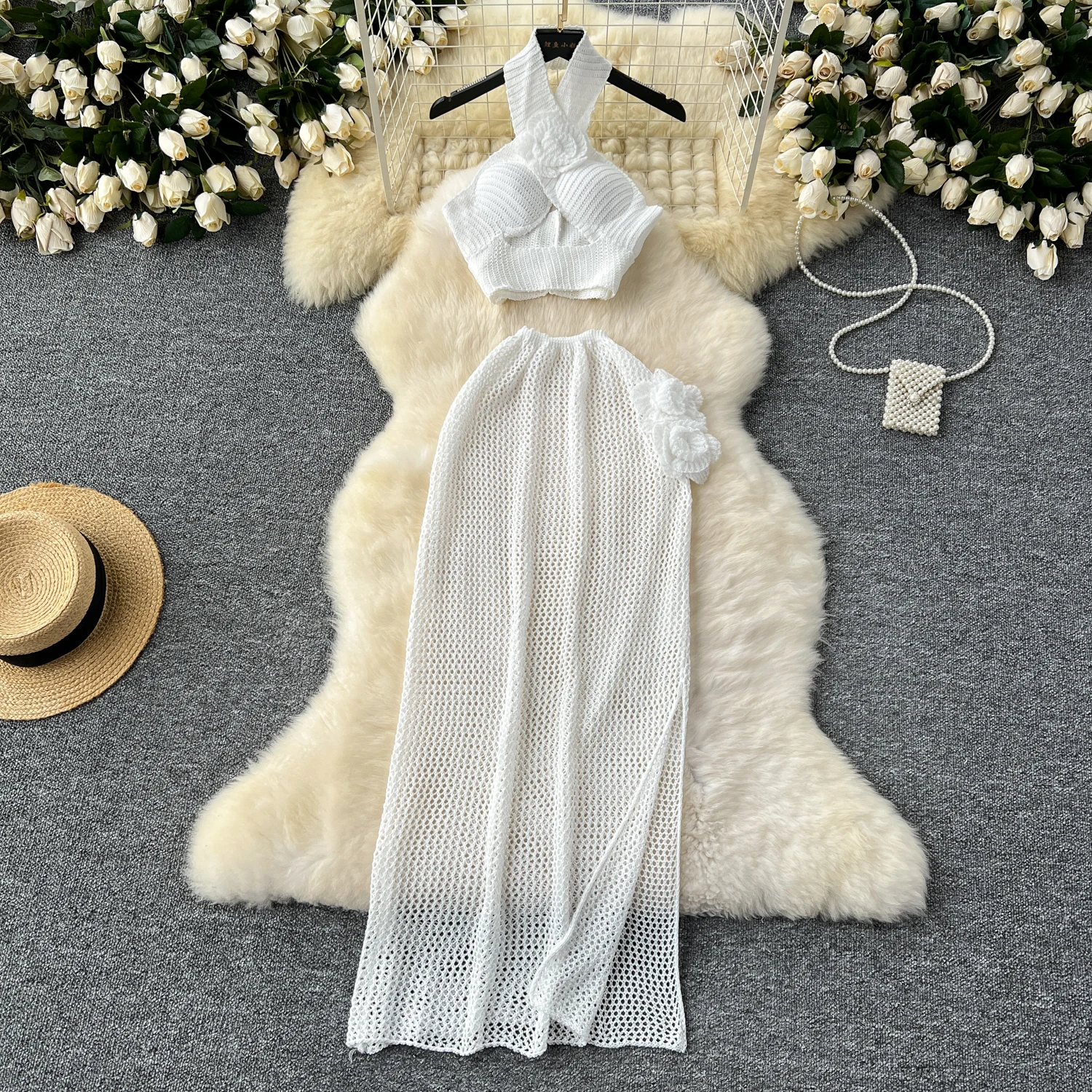 Vrouwelijke Zomer Halter Tropische Outfit Gebreide Holle 3D Bloem Sets Vrouwen Split Strand Vakantie Feestkostuums Dame Elegante 2 stuks Set