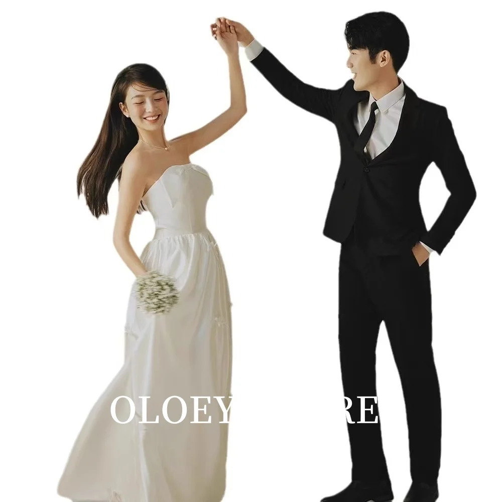 OLOEY Simple A-line Satin Strapless korea wedding photoshoot Dresses Ribbons Customized Women Bride Gowns Corset Back