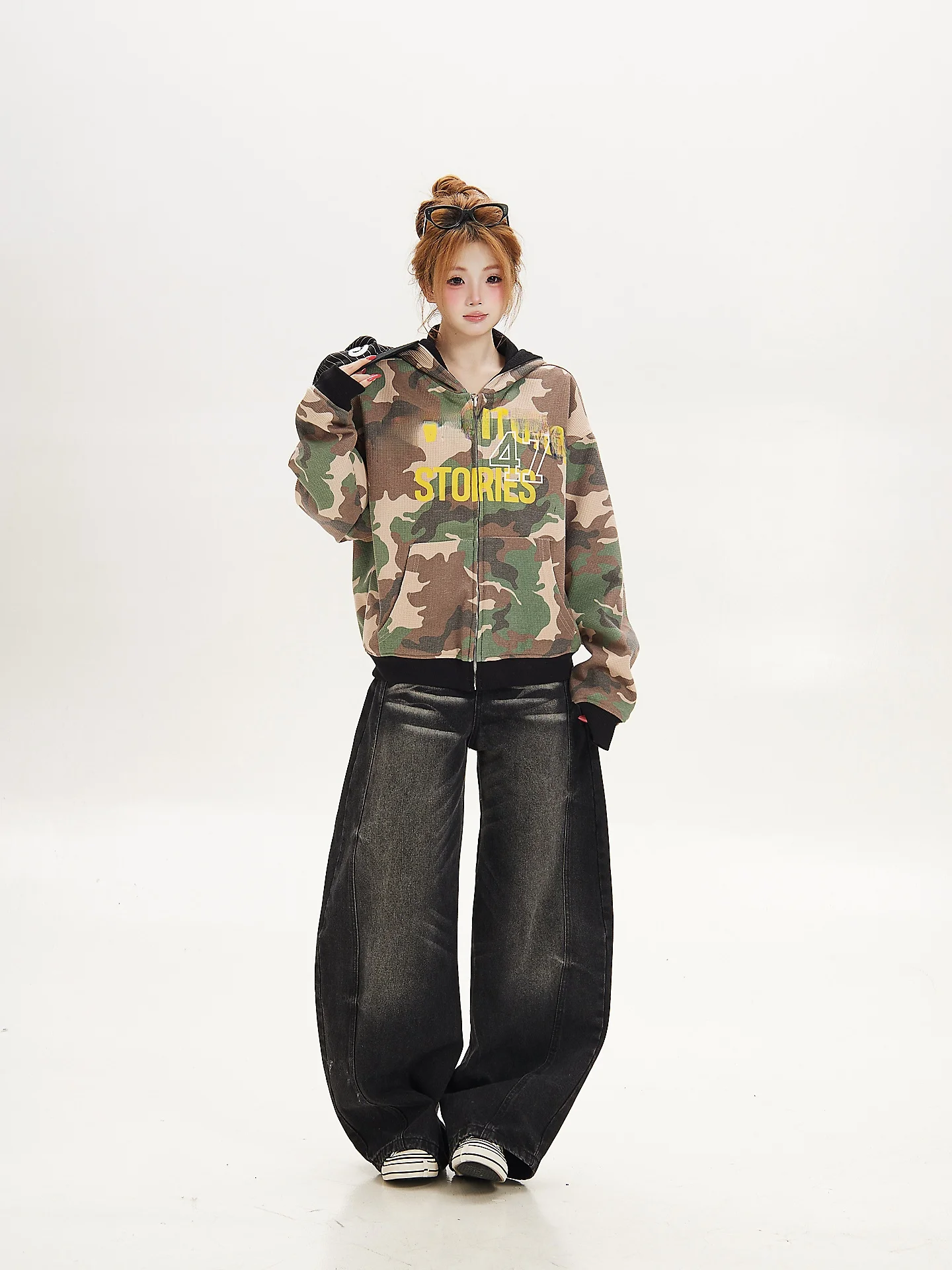 American Retro Camouflage Print Hooded Jacket Women Loose Two-Sided Wear Sweatshirt Cardigan Autumn Season Casual Style
