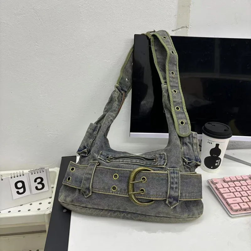 

Винтажная джинсовая сумка через плечо SHELKSBAG Y2K, вместительная женская сумка в ретро-стиле с пряжкой, на плечо, кроссбоди, хобо, на день рождения