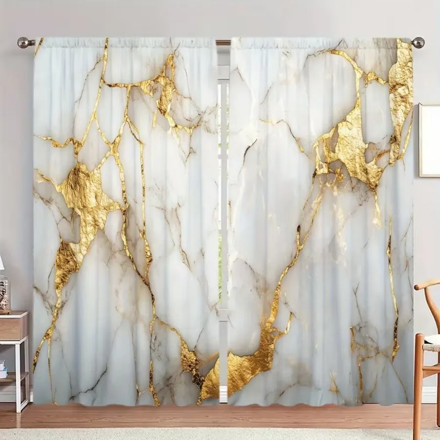 2 PCS Golden Marble Curtains, Luxury Premium Style Window Drapes for Living Room Bedroom Home Decor Polyester Rod Pocket Design