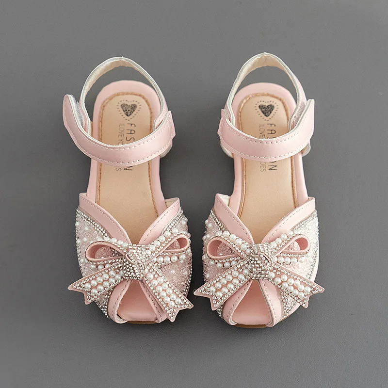 Girl Sandals Summer Sweet Pearl Bowtie Kids Princess Wedding Dress Shoes Fashion Elegant Children Causal Flat Sandals Hook Loop