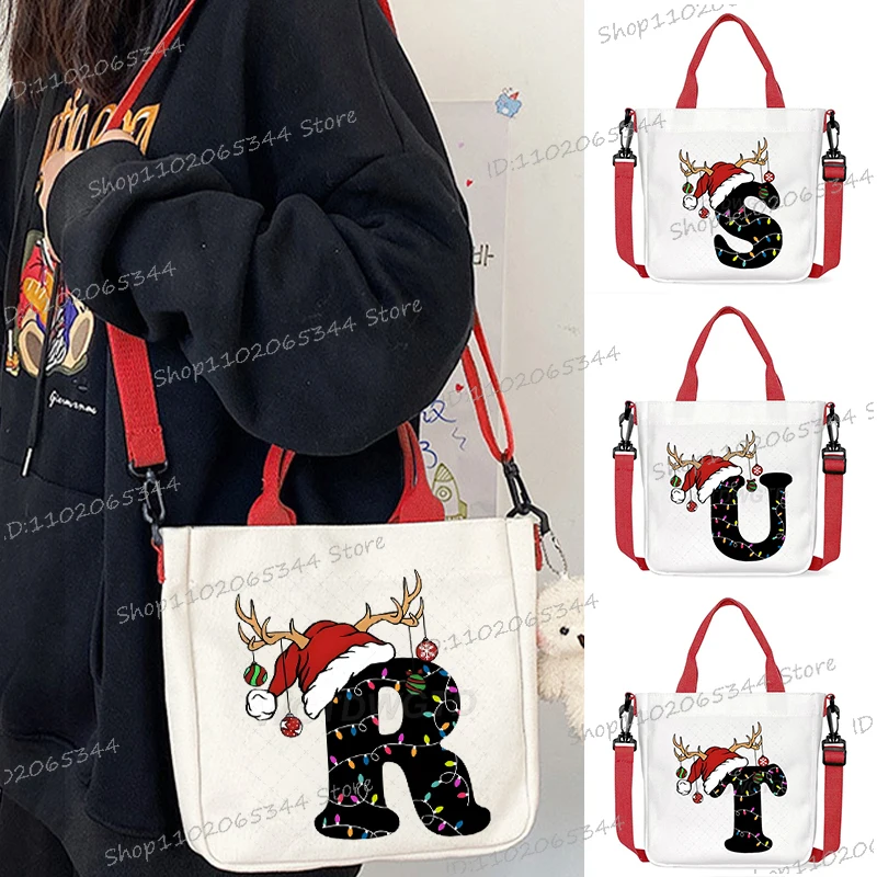 جديد عيد الميلاد رسالة A-Z حقيبة يد مضحك عيد ميلاد سعيد حقيبة كروسبودي للفتيات الفتيان موضة النساء الرجال قماش حقائب كتف الهدايا #1