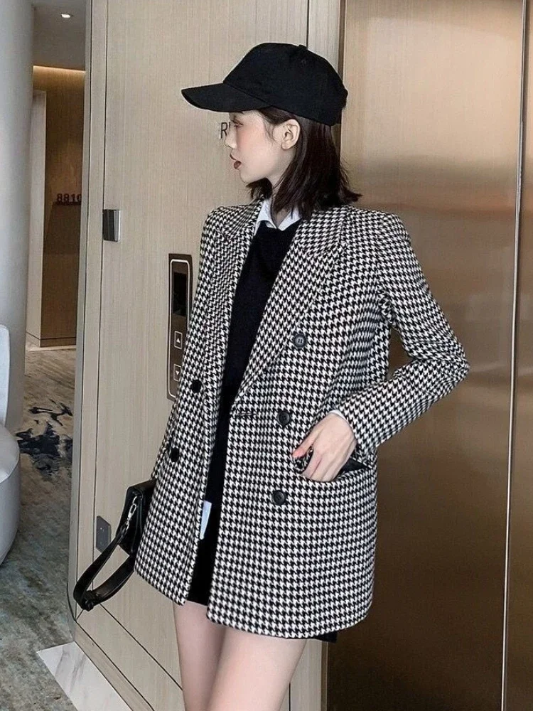 

Women's Houndstooth Checkered Woolen Blazer Coat Autumn Winter New Cotton Padded Thickened Mid Length Petite Elegant Work