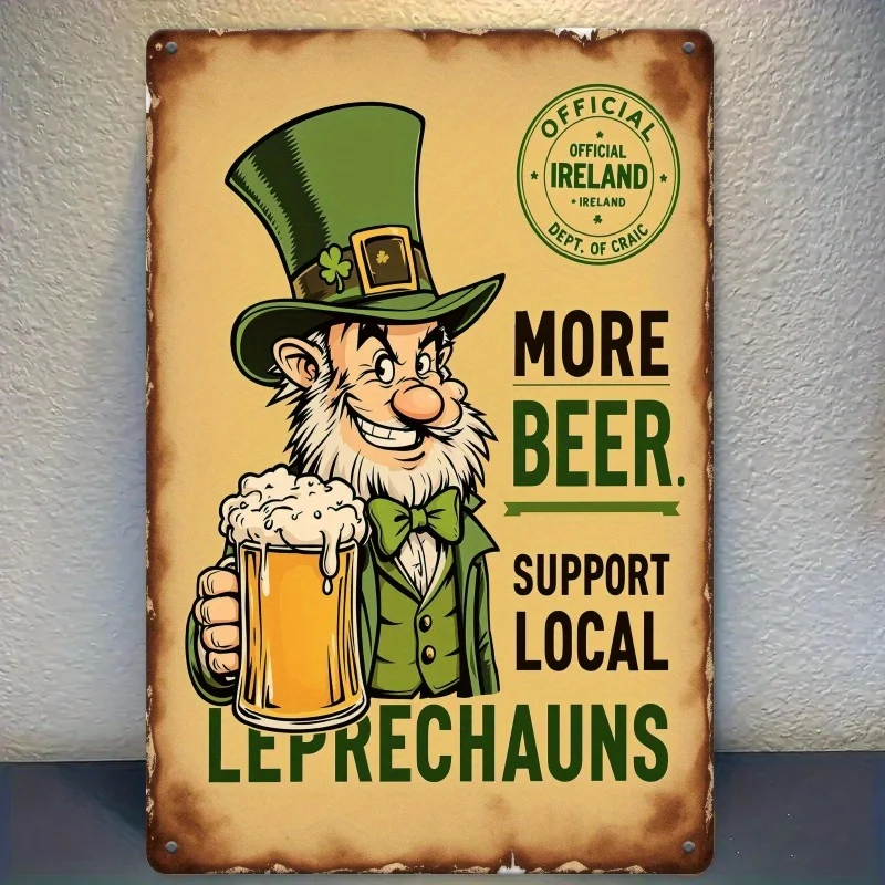 'Drink More Beer' Support Your Local Leprechaun, Oktoberfest Theme,  Metal Sign with Dwarf Illustration - 8  x 12  Iron Wall