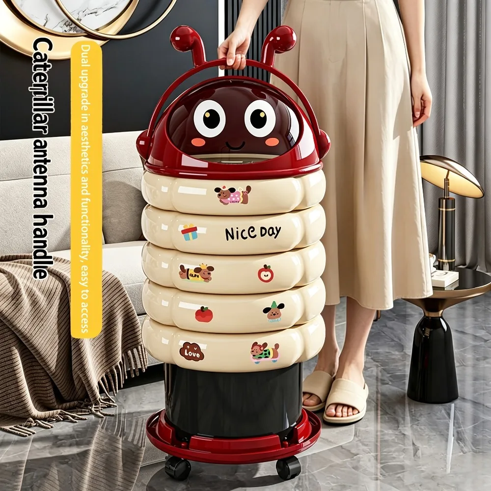 Caterpillar Kitchen Trash Can Compost Bin with Wheels Odorless Plastic Cute Lid Handle Indoor Bedroom Living Room Home Decor