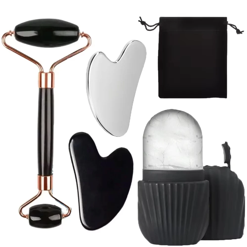 Face Massage Set Double Head Jade Roller Heart Gua Sha Ice Face Roller Stainless Steel Scraping Plate Skin Tighten Beauty Tools