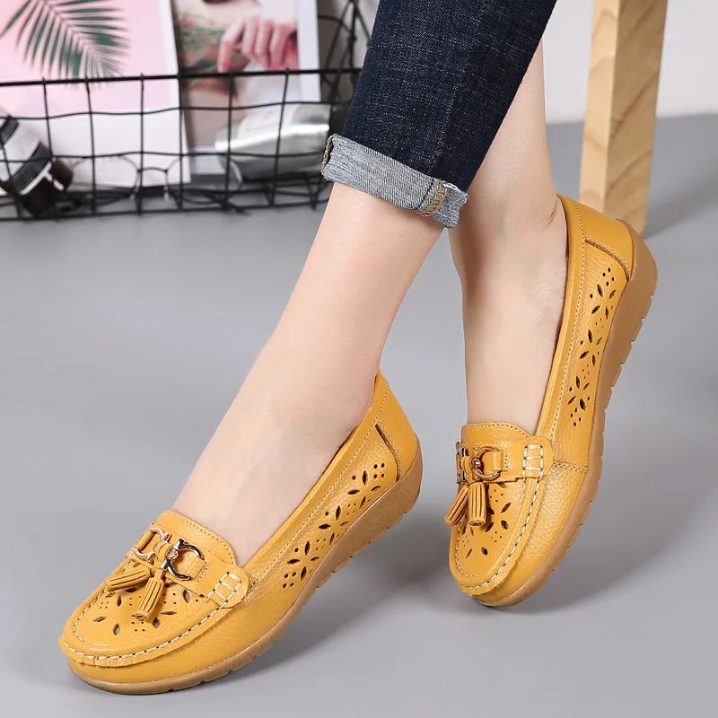Summer Leather Women\'s Shoes Moccasins Platform Soft Boat Fashion Cutout Flats Casual Low Heel Nurse Lolita Shoes