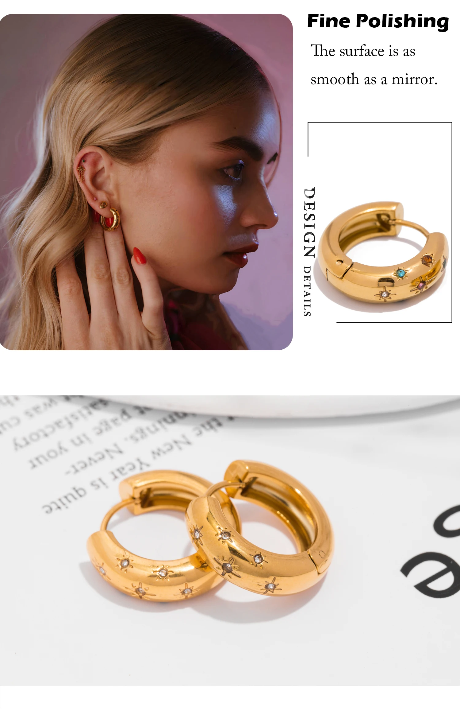 UHBINYCA Klassische eingelegte Zirkon-Creolen für Damen, Edelstahl plattiert mit 18 Karat Gold, exquisite Ohrringe – Detail 5