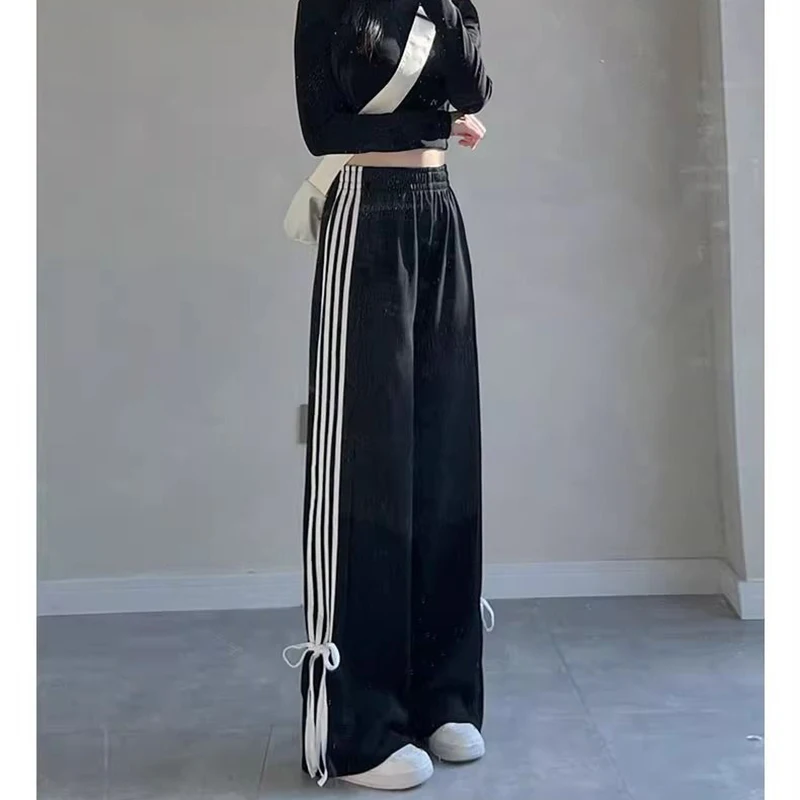 Feminino chique cintura alta calças soltas meninas chique listrado bowknots retalhos calças senhora moda perna larga calças casuais