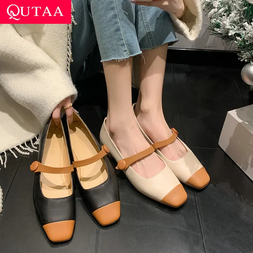 

QUTAA 2023 Women Pumps Fashion Elegant Mixed Colors Thick Heels Genuine Leather Shoes Woman Spring Summer Size 34-39