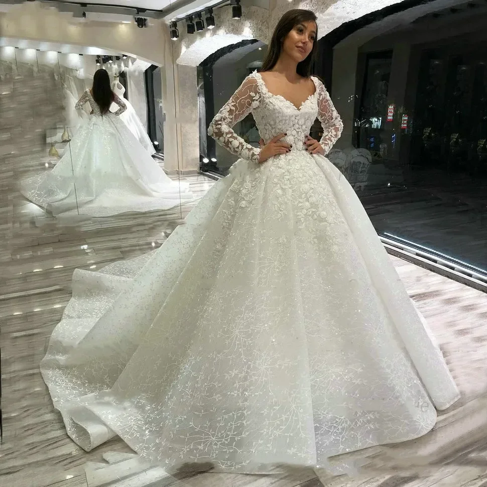 

Luxurious White A-Line Lace Decal Women's Wedding Dress Sexy V-Neck Long Sleeved Dance Bridal Gown Vestido De Noiva Customized