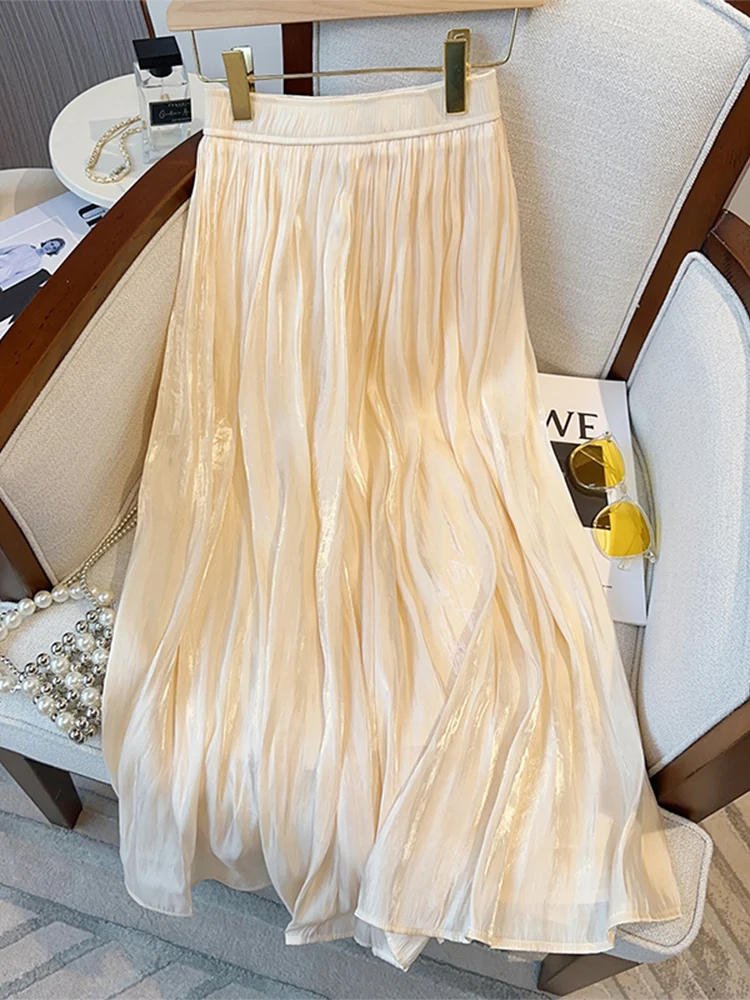 

High Waist Midi Skirt Women's Gentle Sle A-Line Pleated Skirt Korean Version Commute Thin Model B Class Se Pure Color