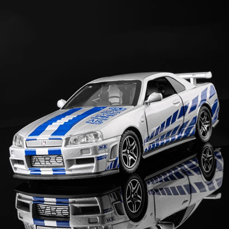

Масштабная модель автомобиля 1:32 GTR R34 SKYLINE из быстрого сплава, коллекционная, для детей, мальчиков, в стиле «Форсаж», игрушка-украшение