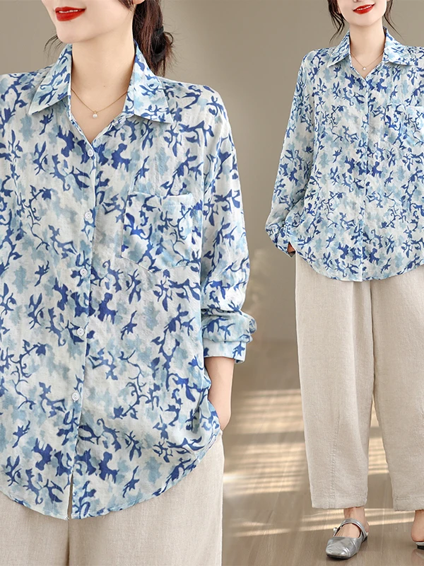 

Весна 2026: Модная женская рубашка с длинным рукавом, повседневная, с цветочным принтом, в корейском стиле, свободного кроя, больших размеров