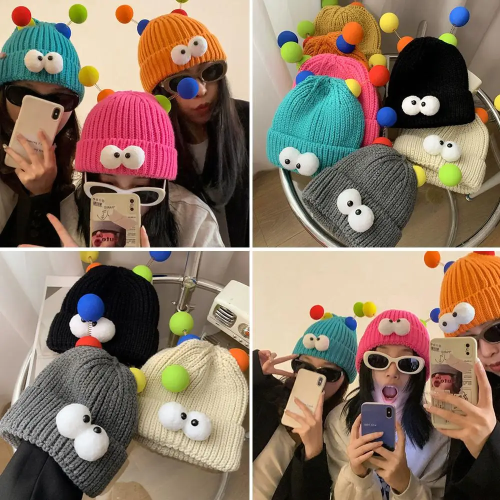 الكرتون كبير العينين الوحش قبعة قبعة لطيف مضحك زوجين نمط قبعة محبوكة التي تجعل الوجه يبدو أصغر، قبعة الشتاء الدافئة #3
