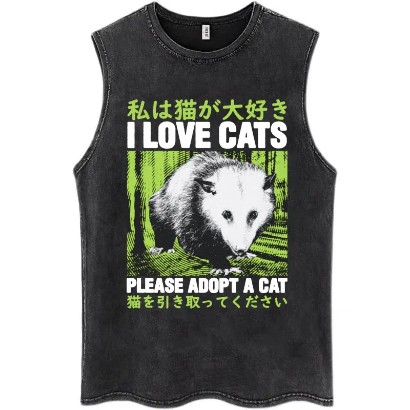 خمر المغسول أعلى خزان للرجال والنساء ، اليابان I Alone الحمام ، شخصية س الرقبة تي شيرت ، القطن عارضة ، المتضخم بلا أكمام الشارع الشهير