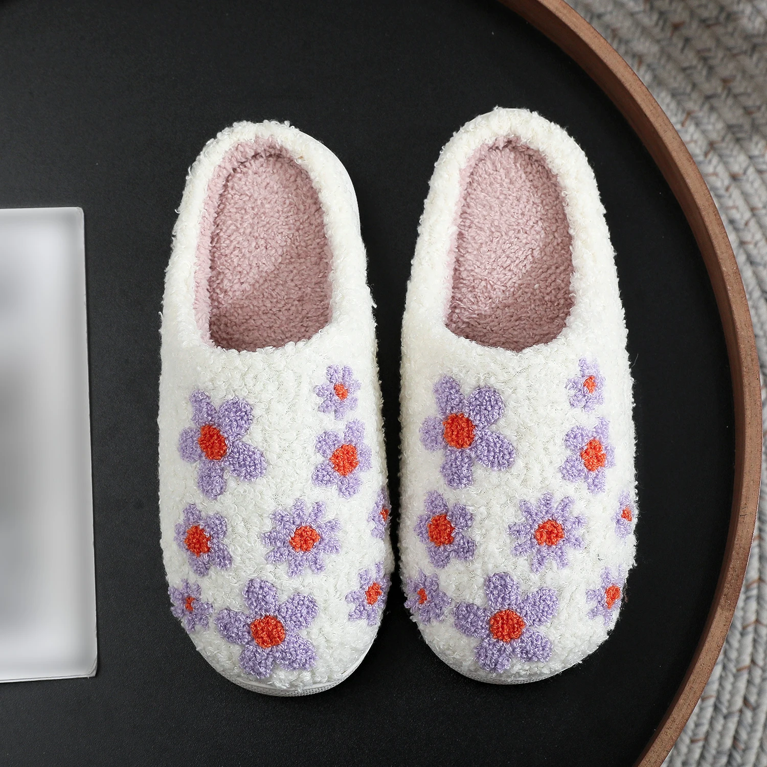 Winter home home purple flower small fresh cotton slippers non-slip thick bottom warm cotton slippers