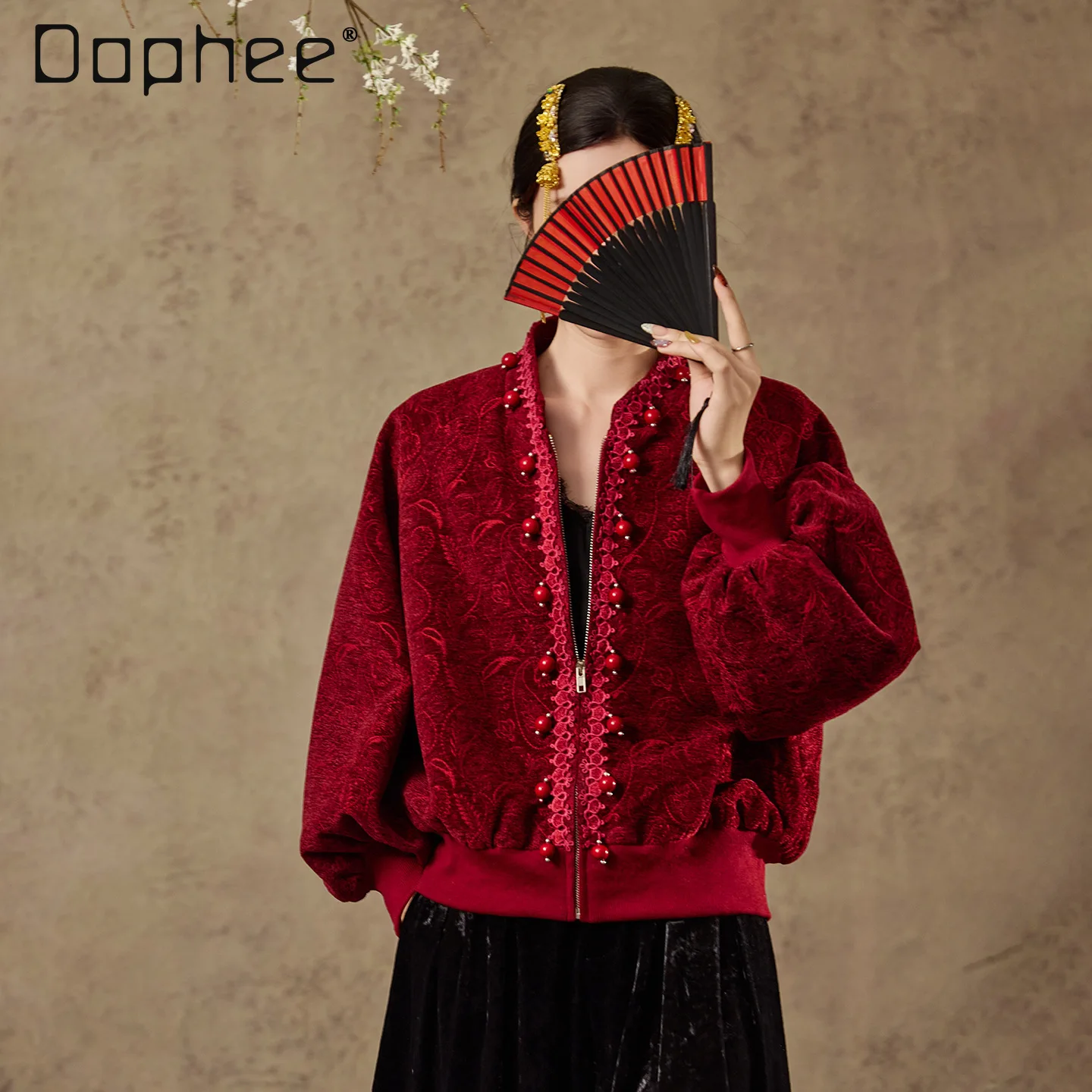 

High-end Jacquard Lantern Sleeve Jacket for Women New Year Christmas Red Heavy Beading Rhinestone Vintage Print Loose Short Coat