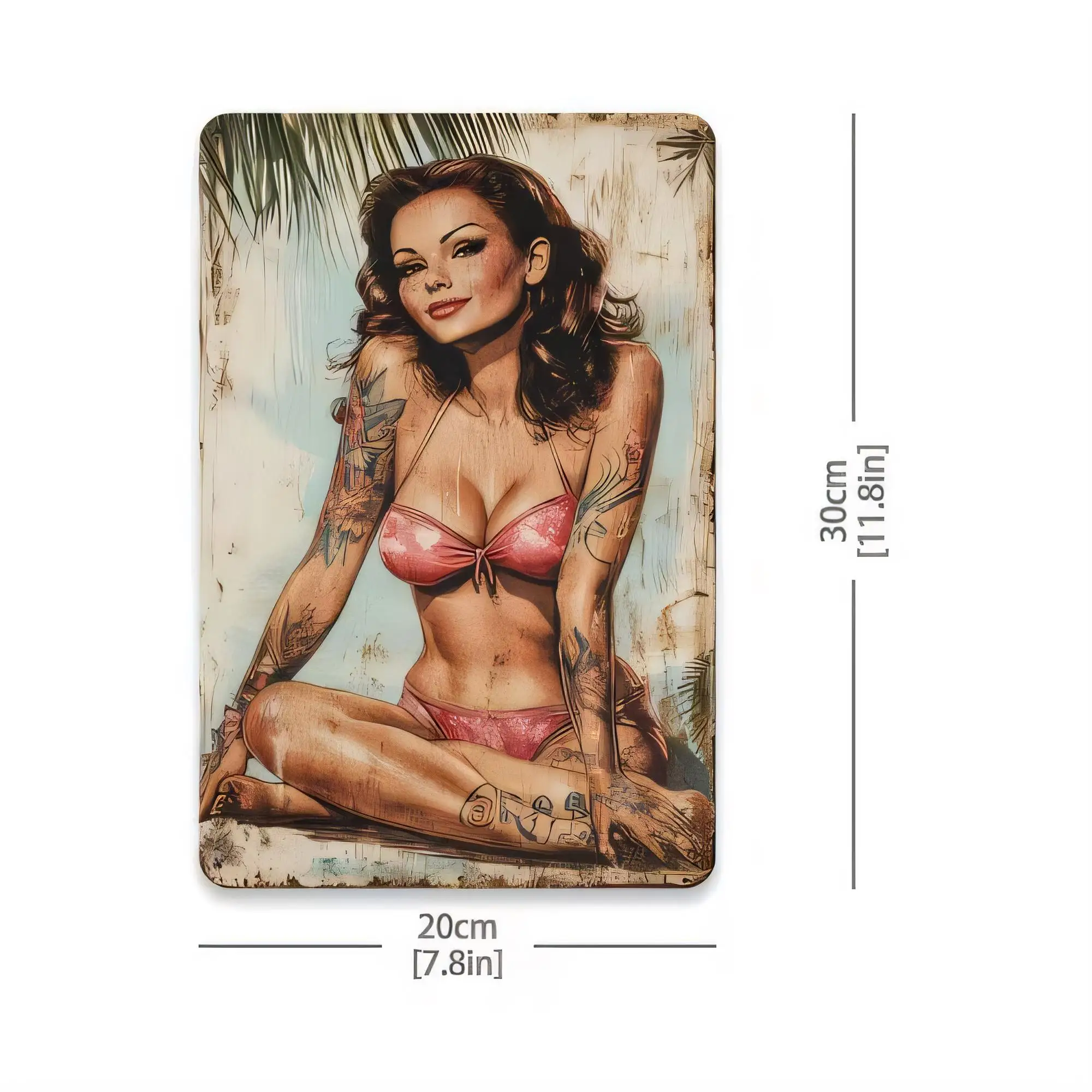 Tin Sign Vintage Pin Up Girl Woman Bikini Tattoo Art Metal Plaque 20x13cm Retro Bar Pub Club Wall Decor, Rustic Distressed Paint