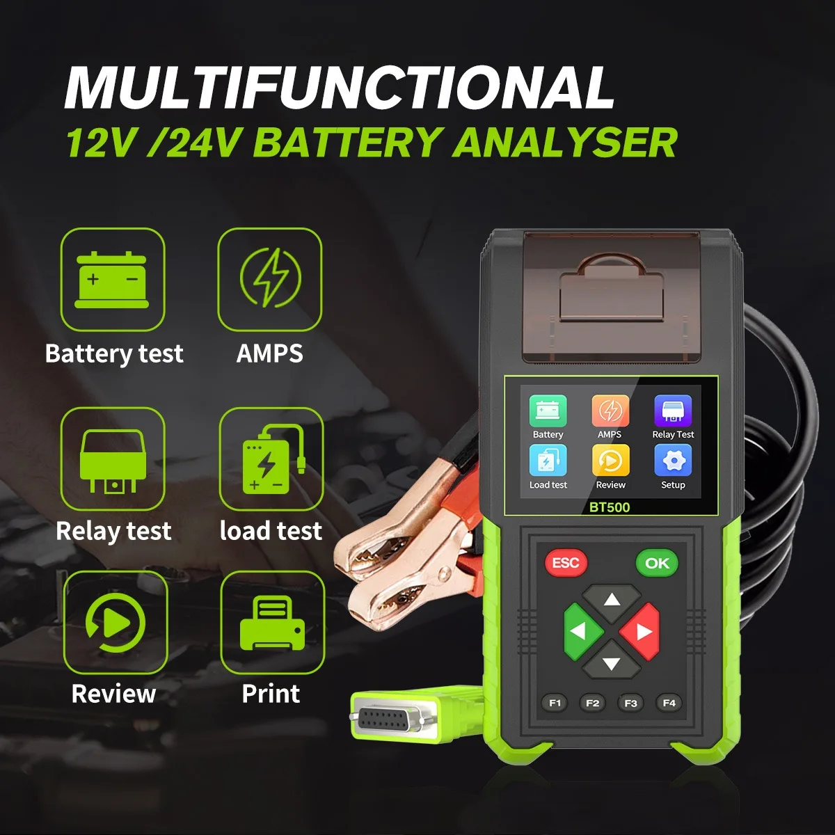 

Car Battery Fault Detector Battery Leakage Analyzer BT500 Load Start Test Relay Multifunction