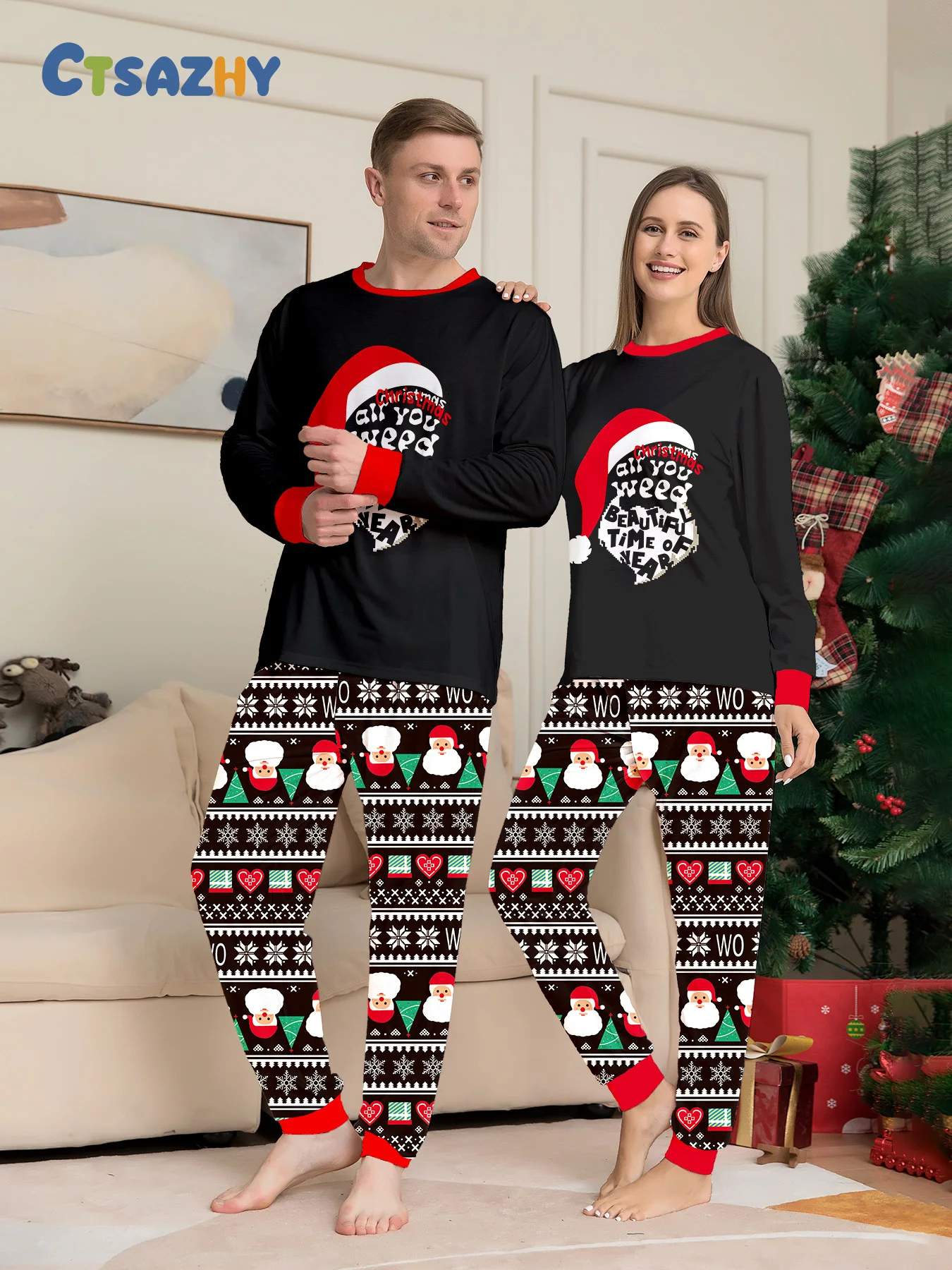 

Рождественский пижамный комплект для пар — черная шляпа Санта-Клауса с длинными рукавами «Рождество, все нужно», брюки с принтом и праздничным узором, одежда для сна