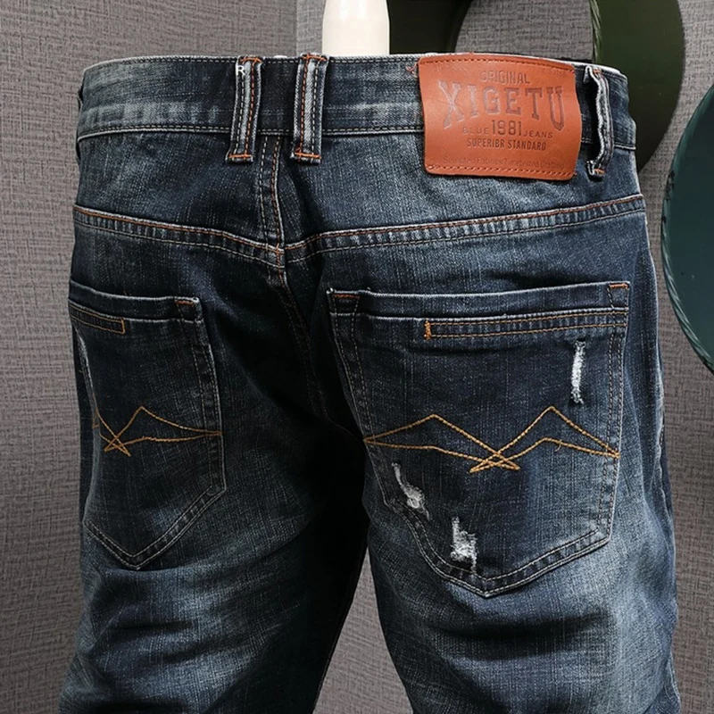 Fashion Designer Men Jeans Retro Black Blue Elastic Slim Fit Ripped Jeans Men Vintage Trousers Patched Casual Denim Pants Hombre