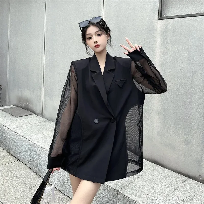 แฟชั่น Hollow Out ตาข่าย Patchwork Blazer สําหรับผู้หญิงเกาหลี Chic สุทธิแขนยาวหลวมสีดําเสื้อ Gothic เสื้อสูทลําลอง ZT706