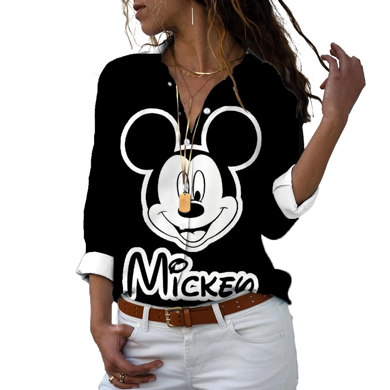 Disney-Camiseta de manga larga con estampado 3D para mujer, camisa informal con botones y solapa de Mickey y Minnie, estilo Harajuku, y2k, novedad