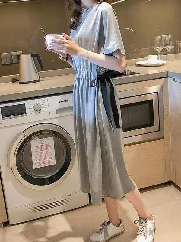 T-shirt ample Maxi Dr Street Sle Version coréenne femmes été minceur jupe longue ceinturée décontracté taille haute fibre de Polyester