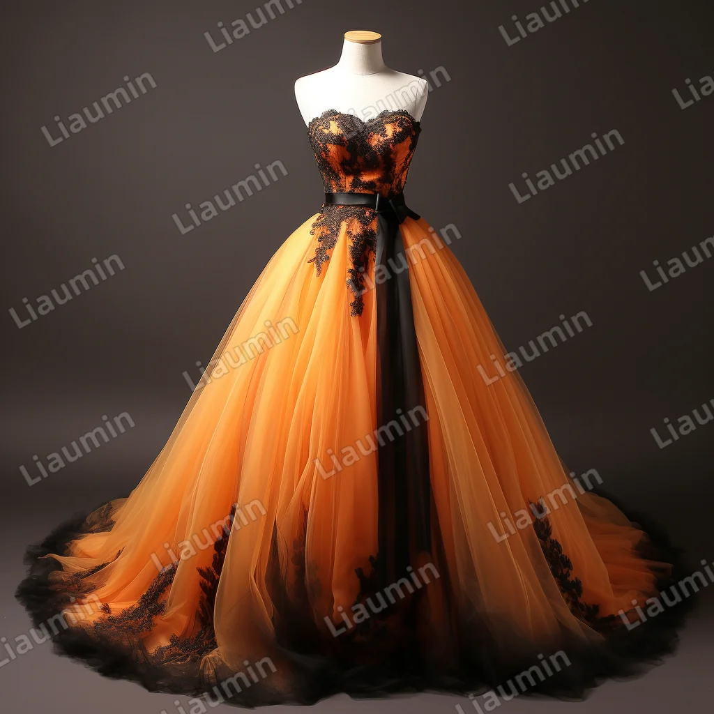 Classic Orange Tulle Black Lace Applique With Sash Strapless Evening Prom Dress Princess Formal Party Clothing Custom J2-7.2