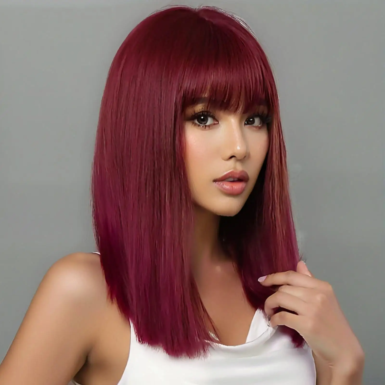 

Бордовый прямой парик средней длины, повседневный парик средней длины в европейском/корейском стиле, синтетический парик длиной до ключицы