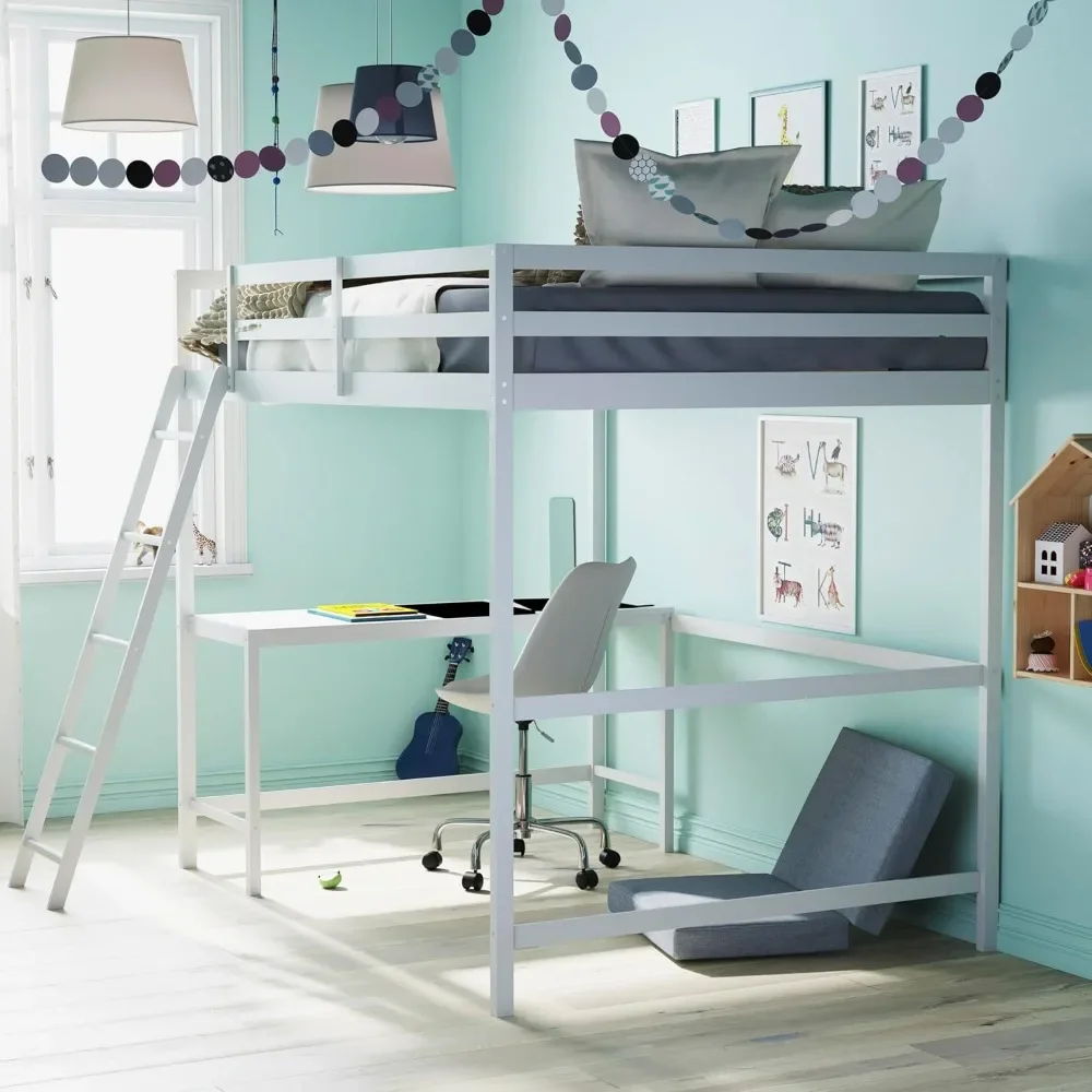 Loft Bed Frame with Desk  White Wood Slats  Full Size Protective Guard Rails & Ladder Kids and Teens Space Saving Design