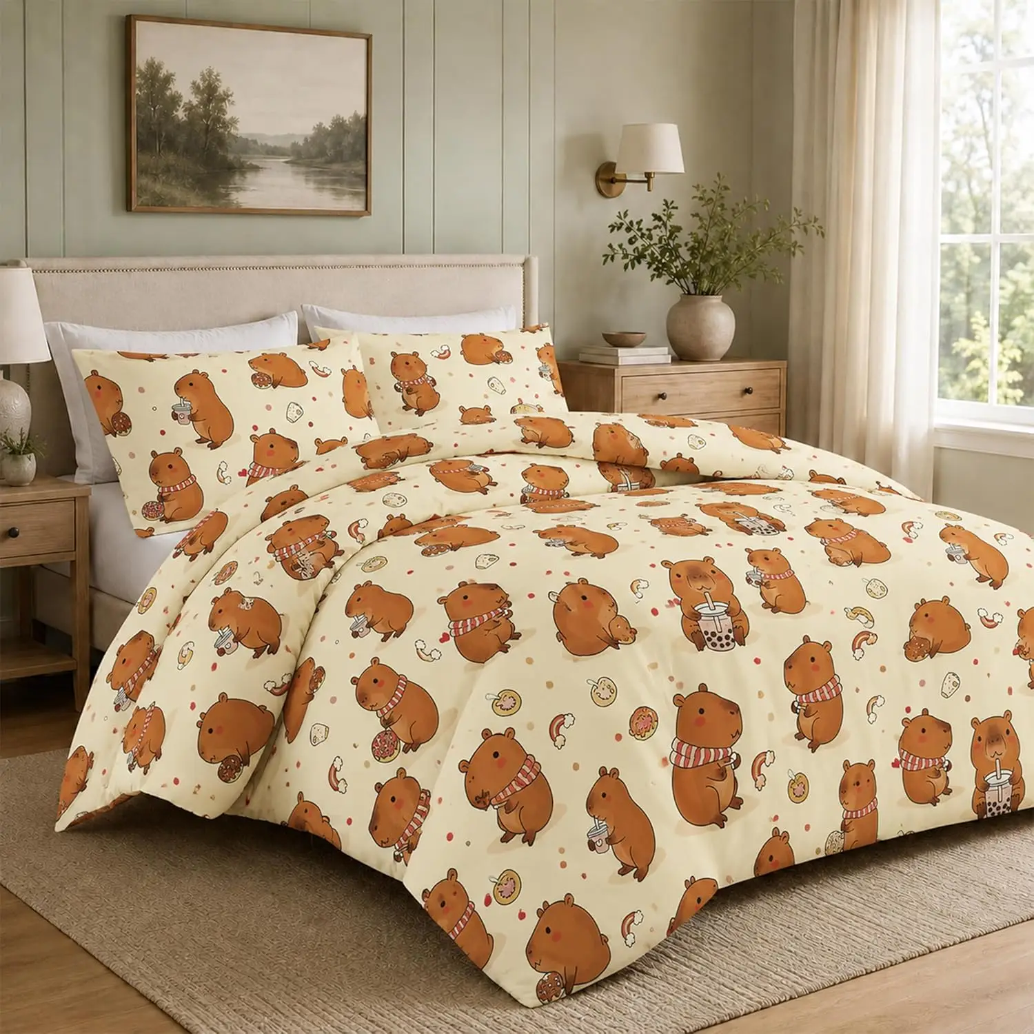 Cute Capybara Duvet Cover Set Reversible Kids Bedding Set with Pillowcases Cartoon Quilt Cover Girls Boys Grey Single Twin