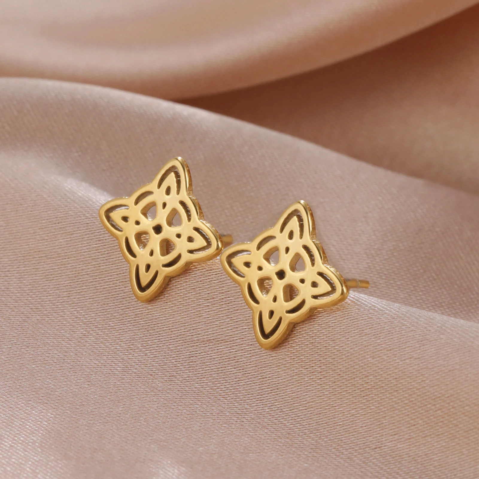 New Fashion Witch Knot Stud Earrings for Women Hollow Stainless Steel Gold Color Mini Earring Jewelry Charistmas Gift