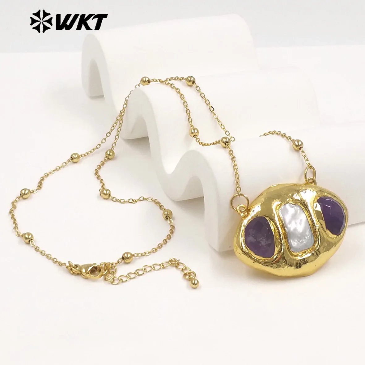 WT-JN403 Delicate Unique 18K Gold Plated Natural Gemstones And Pearl Pendant Necklaces For Girl Party Matching Decorative