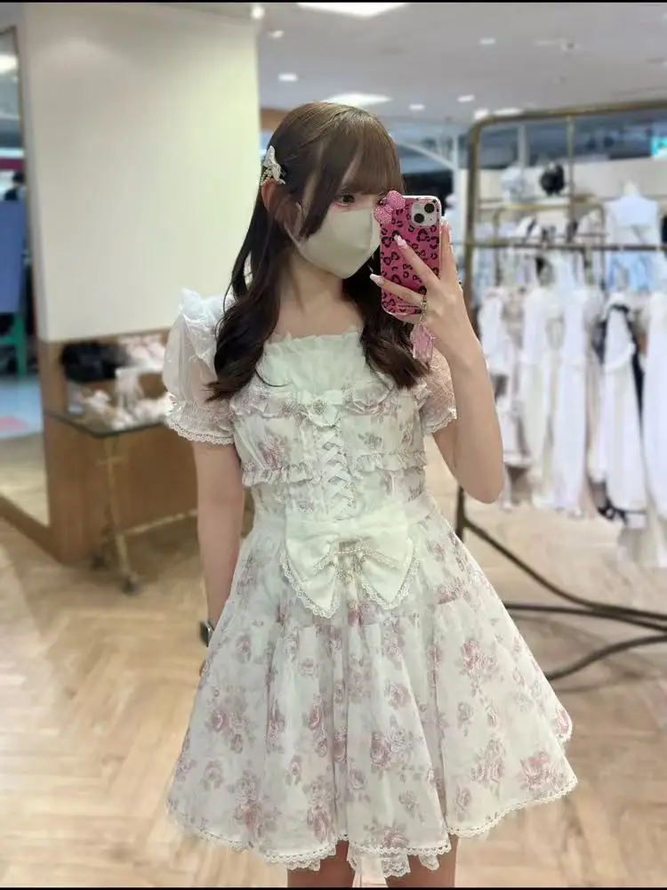 Liz Sweet Rose Ribbon Vita alta Lolita Dr Princ Gonna Nodo Stampa floreale Sle giapponese Dr