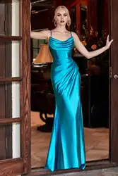 Women Satin Ruched Mermaid Exquisite Evening Dresses Elegant High Slit Spaghetti Straps Backless Zipper Sexy Bodycon Prom Dresse